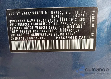 2021 Volkswagen Jetta 1.4T R-Line/1.4T S/1.4T Se из США, поврежденный, VIN 3VWC57BU5MM045104